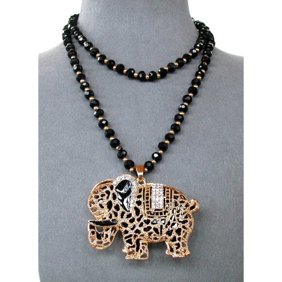 Gold Tone & Black Beaded Necklace,  Elephant Pendant 28" Chain, 2.5" x 1.5" Pend - Picture 1 of 4